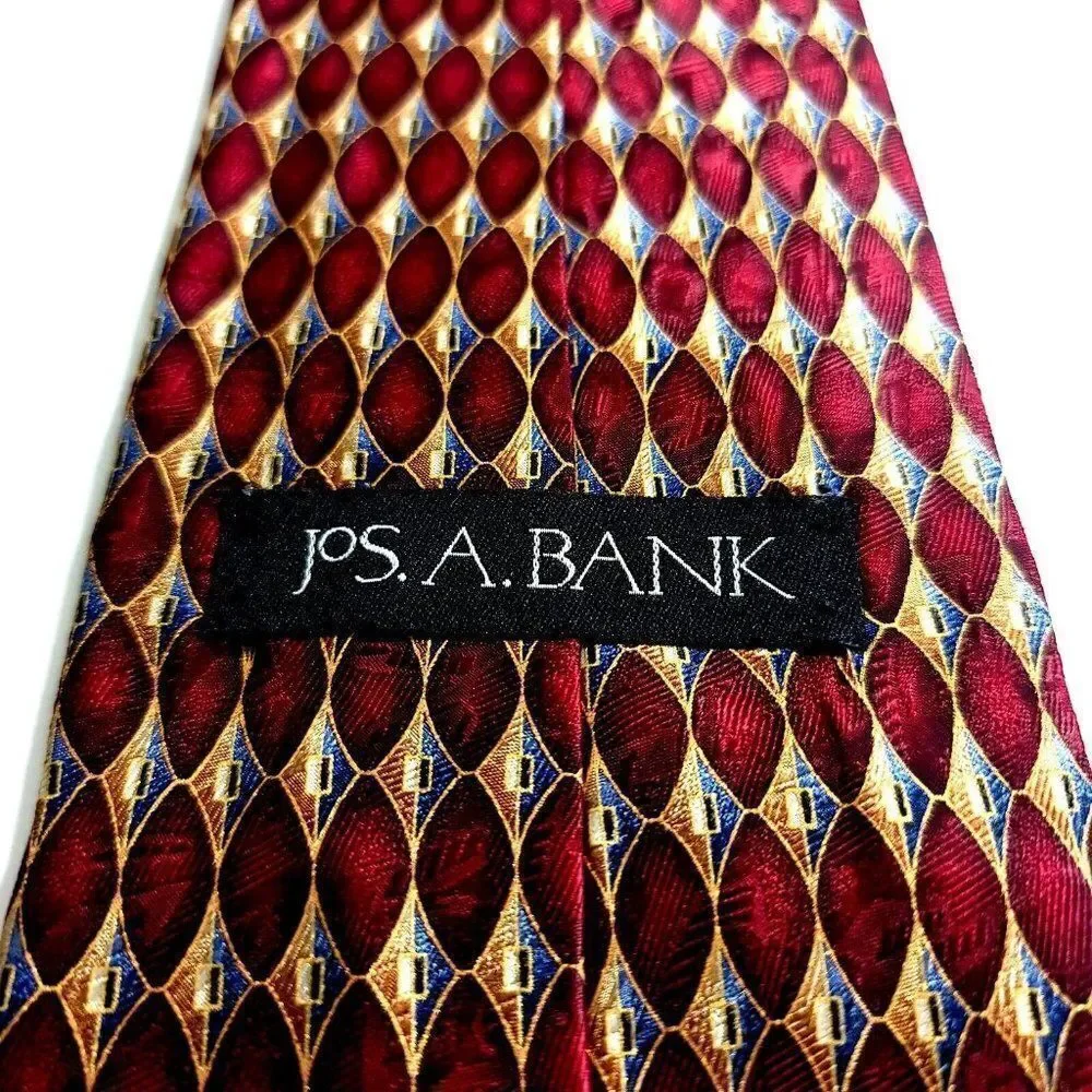 Jos A Bank Red Tan Gray Geometric‎ Jacquard Print Wide Silk Tie